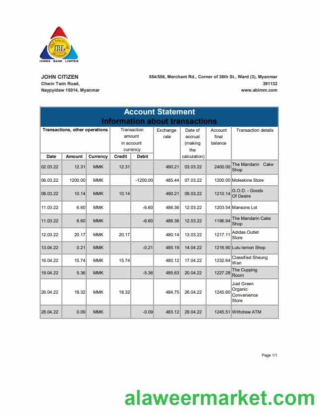 Myanmar Innwa Bank Limited bank statement
